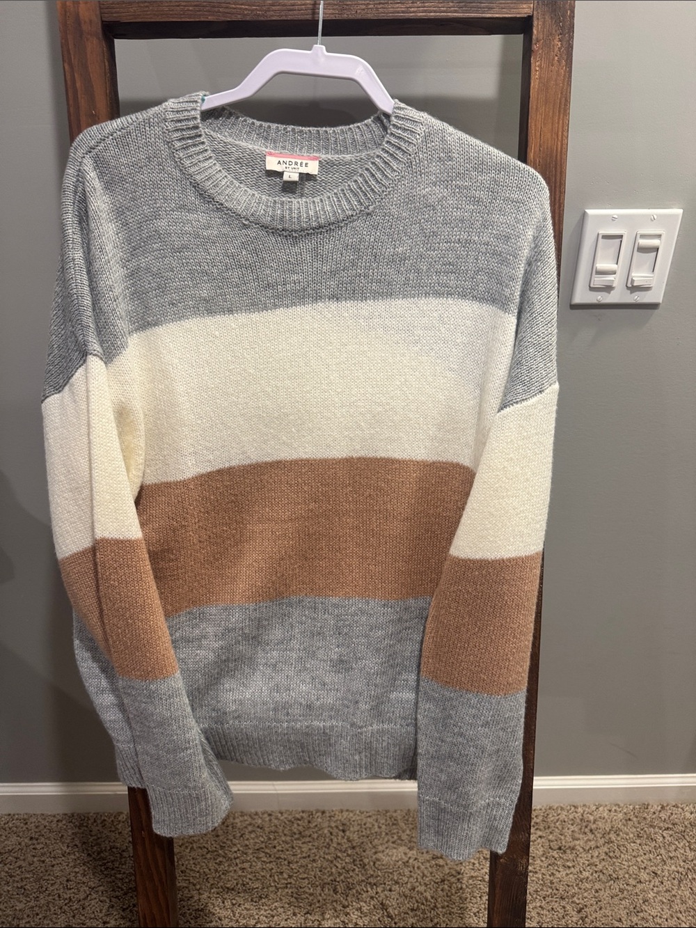 ANDREE BY UNIT Gray, Cream & Brown Striped Crewneck Sweater